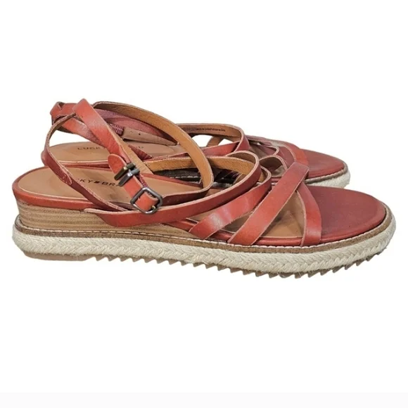 Lucky Brand Espadrille Sandals Womens Brown Leather Size 8.5 Boho Prairie Wedge - Picture 3 of 13